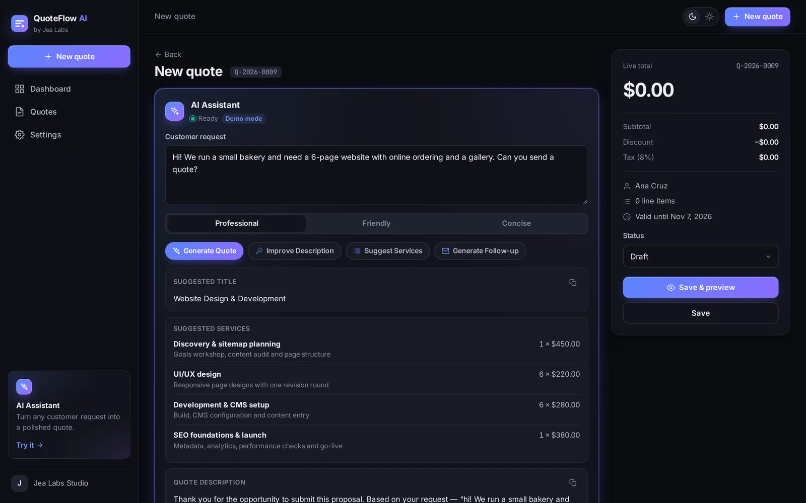 QuoteFlow AI new-quote screen: a bakery's website request has been turned into suggested services with quantities and prices
