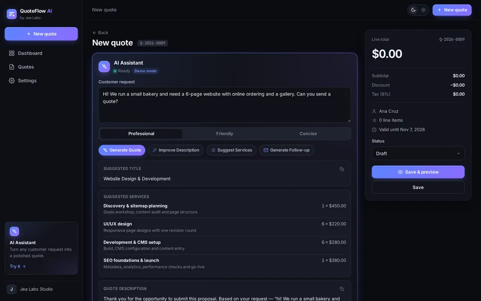 AI Assistant panel with tone options, action buttons and suggested services for a website project