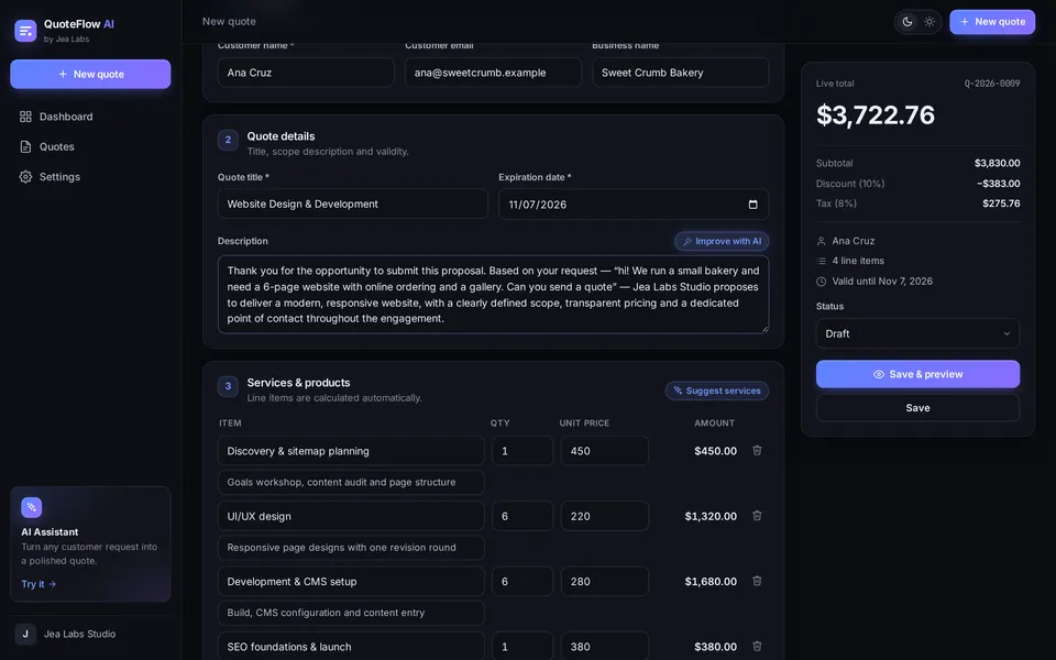 Quote builder with editable line items and a live total showing subtotal, 10% discount and 8% tax