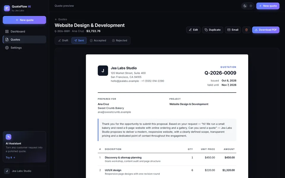Quote preview showing a quotation document with business details, customer, project description and line items