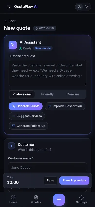 The same quote builder on a phone, with the total pinned at the bottom